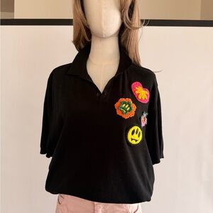 Black Polo Shirt with Colorful Flower Patches